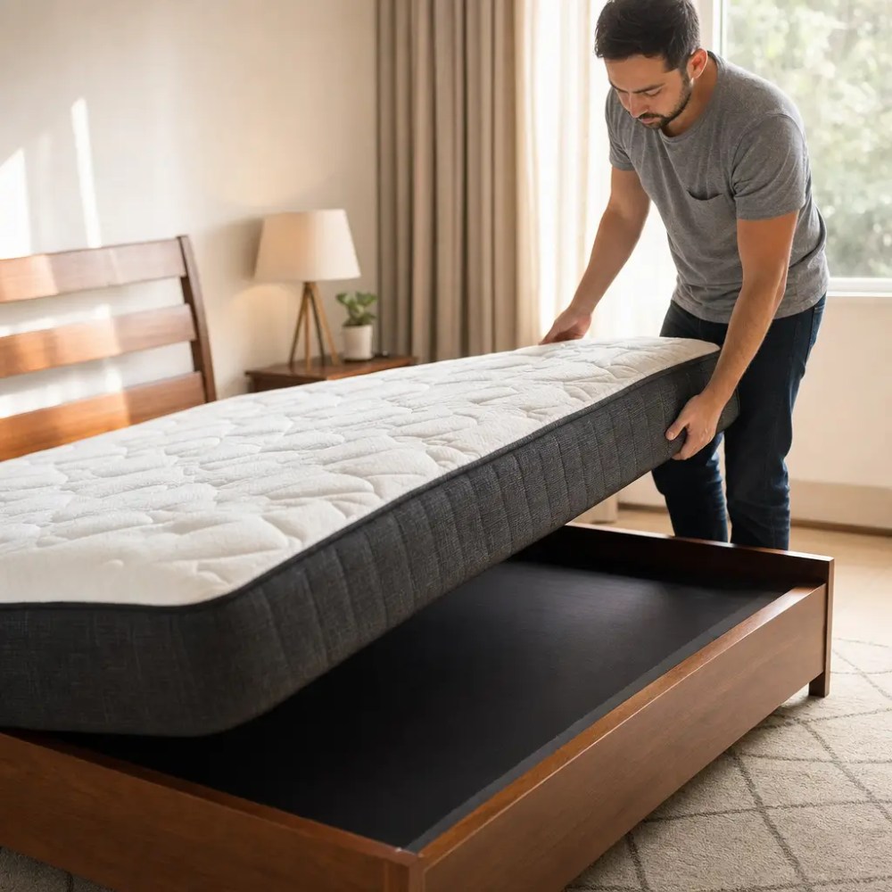 Como rodar o colchão e com que frequência para durar mais: homem rodando o colchão na cama