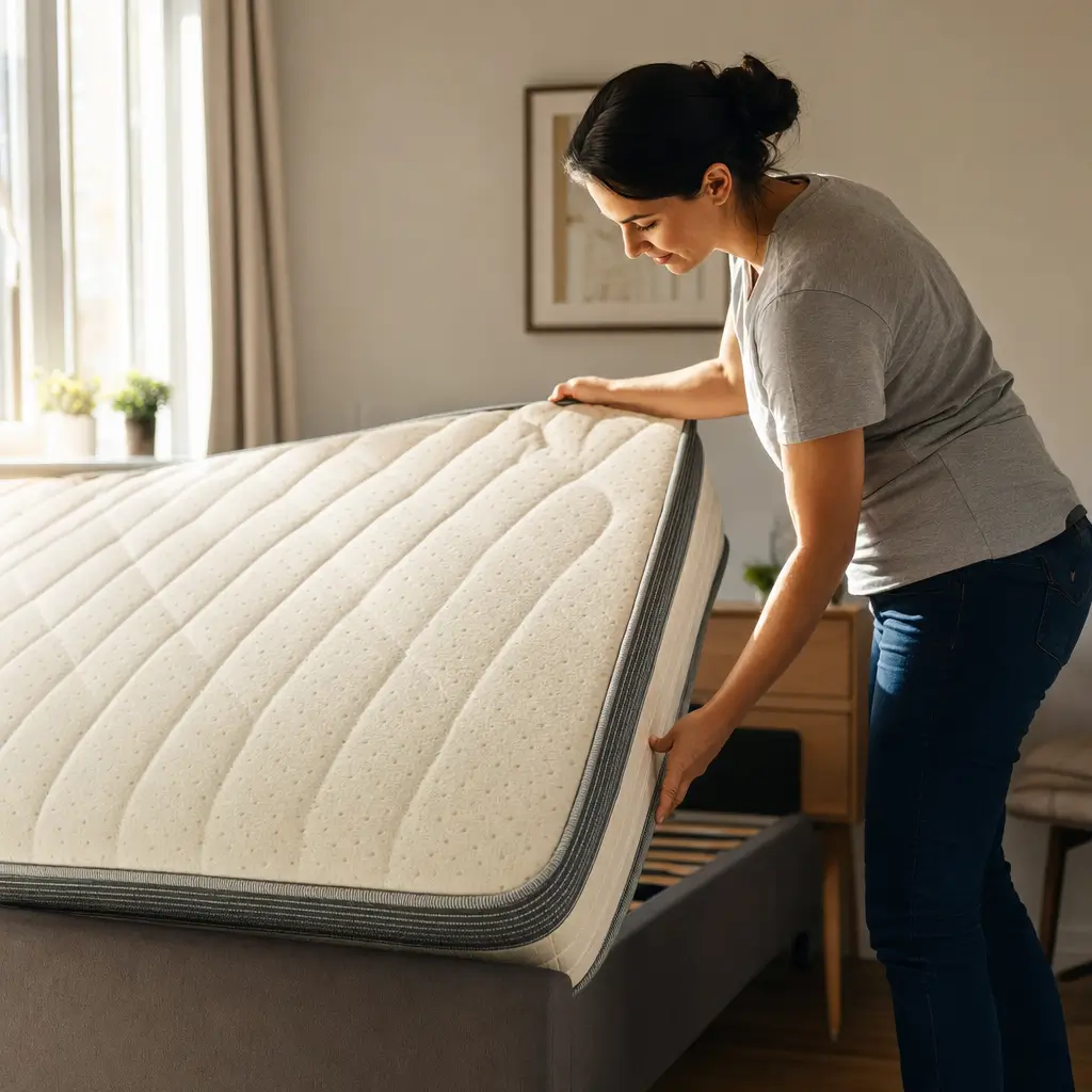 Como rodar o colchão e com que frequência para durar mais: mulher ajustando colchão na cama