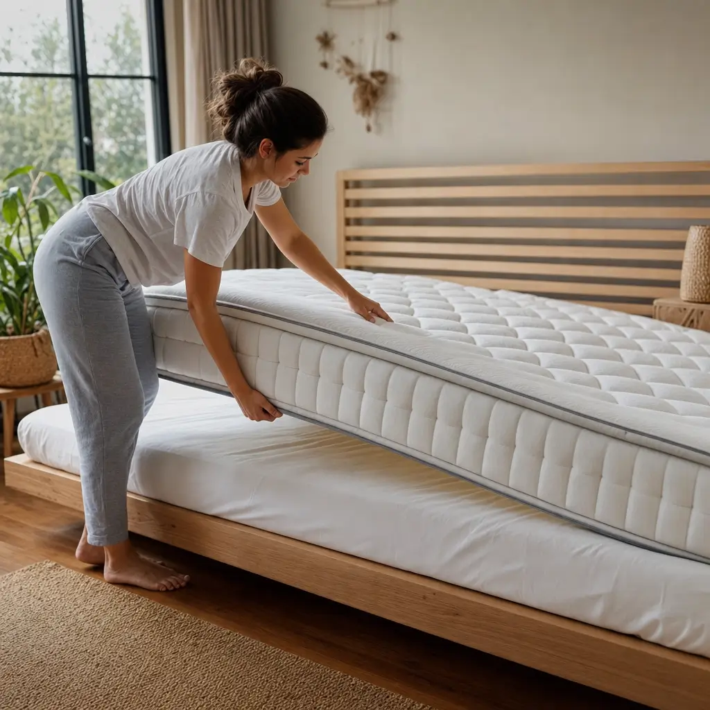 Como rodar o colchão e com que frequência para durar mais: mulher virando colchão na cama