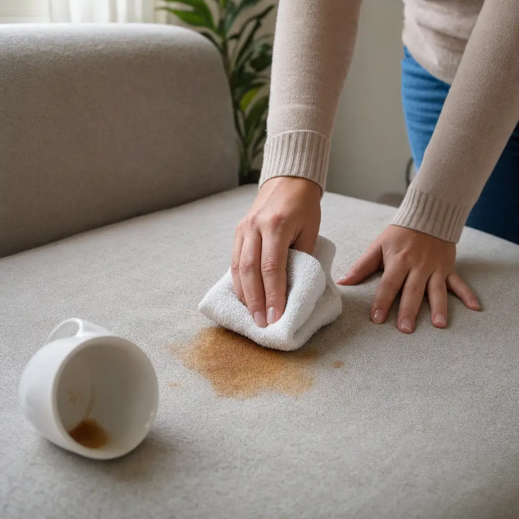 Como tirar mancha de café do sofá e do colchão sem espalhar, mãos limpando sofá com pano e copo de café na mancha
