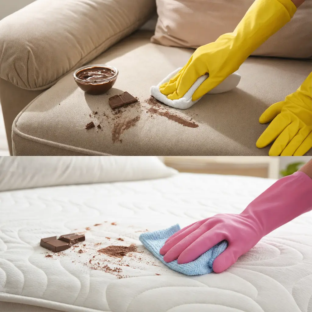 Como tirar mancha de chocolate do sofá e do colchão, mãos com luvas limpando mancha no sofá e no colchão