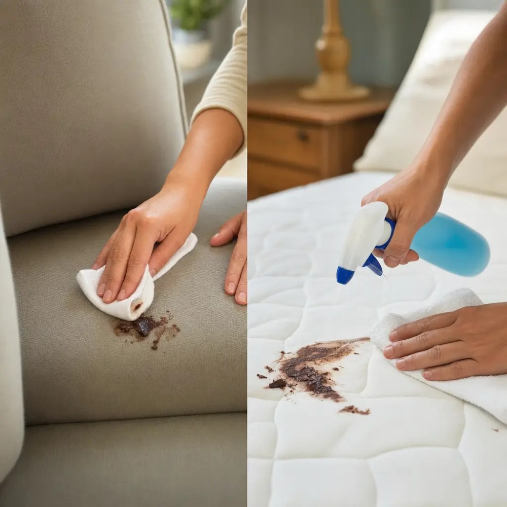 Como tirar mancha de chocolate do sofá e do colchão, mãos limpando mancha no sofá e no colchão com pano