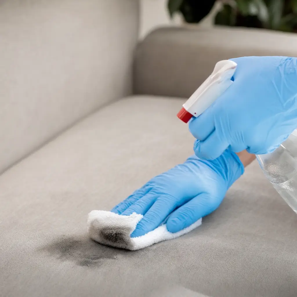 Como tirar mancha de graxa do sofá sem espalhar: luva e spray limpando mancha no sofá com pano