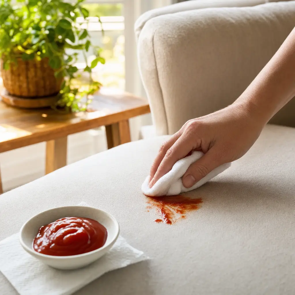 Como tirar mancha de ketchup do sofá e do colchão sem espalhar mão com pano removendo mancha