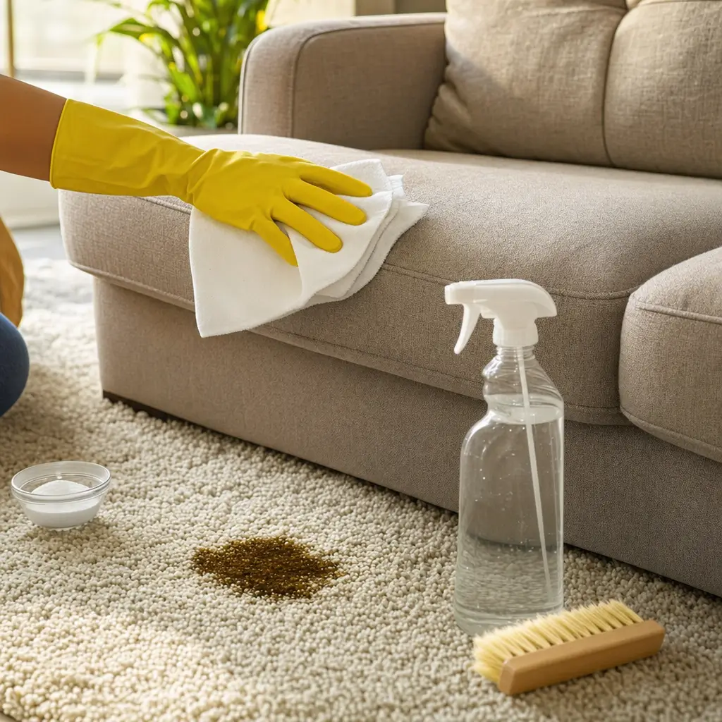 Como tirar mancha de óleo do sofá e do tapete sem deixar marca limpeza com pano e spray no sofá e tapete