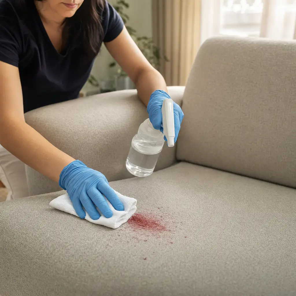 Como tirar mancha de sangue do sofá e do colchão sem espalhar mãos com luvas limpando com spray e pano branco