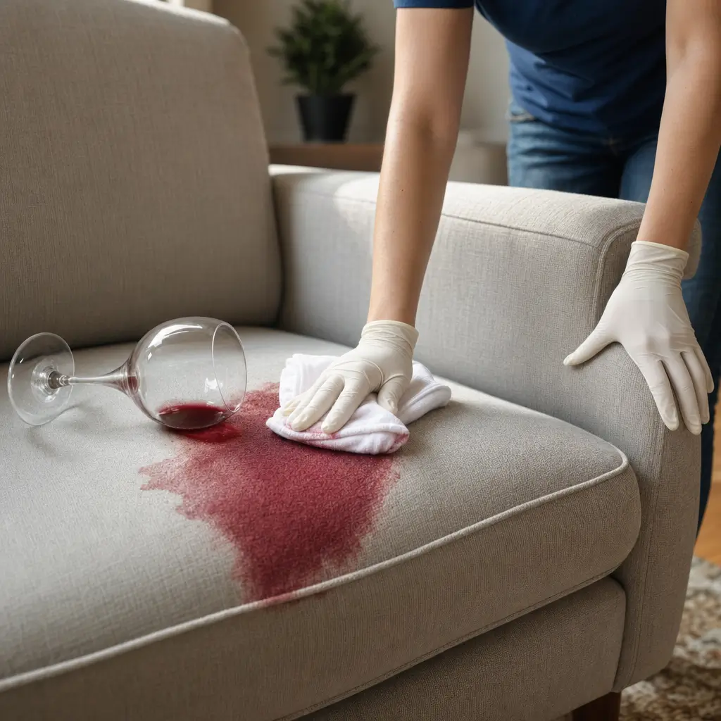 Como tirar mancha de vinho tinto do sofá e do colchão limpeza de mancha no sofá com pano e taça de vinho