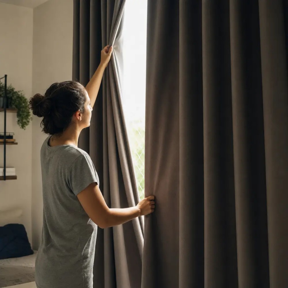 Cortina blackout funciona mesmo: teste em casa cortina escura na janela com mulher puxando