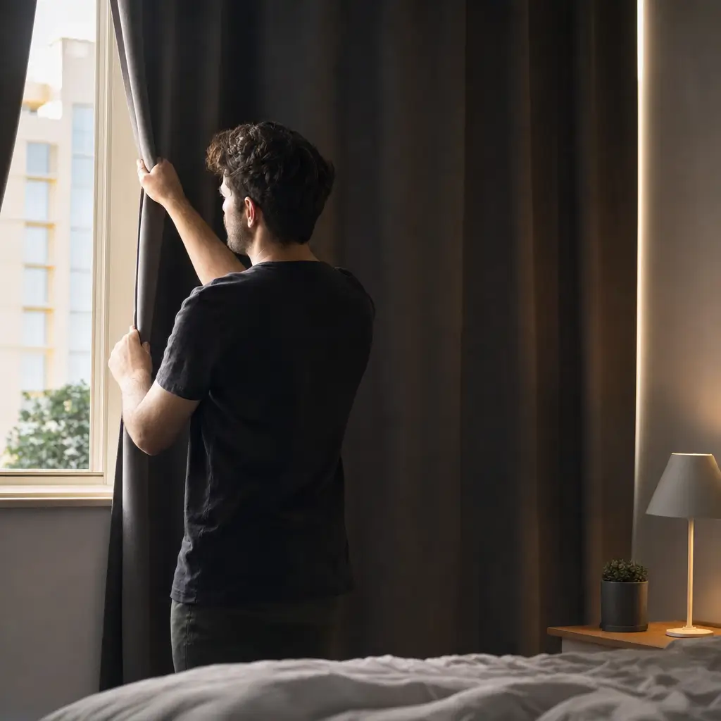 Cortina blackout funciona mesmo: teste em casa homem puxando cortina escura na janela
