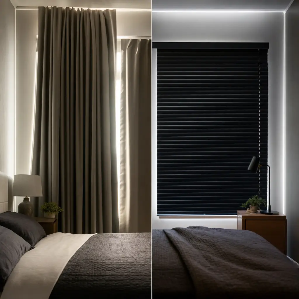 Cortina x persiana: qual escurece mais no quarto, quarto com cortina e persiana fechada blackout