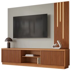 Estante Arezzo New 220cm Para Tv Ate 75 Polegadas Ripado 2 Portas Com Led Mavaular Naturale Off White 92038