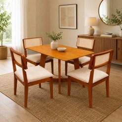 Mesa De Jantar Dubai Flex 120x80cm Sem Vidro E 4 Cadeiras Canada Em Linho Madeira Cel Moveis 48392