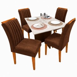 Mesa De Jantar Helo 120x90cm Com Vidro E 4 Cadeiras Marselha Em Veludo Estofadas Poliman Mel Off White Com Assento Marrom 78149
