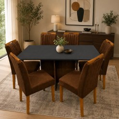 Mesa De Jantar Helo 160x90cm Com Vidro E 6 Cadeiras Marselha Em Veludo Estofadas Poliman 93417