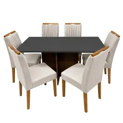 Mesa De Jantar Helo 160x90cm Com Vidro E 6 Cadeiras Marselha Em Veludo Estofadas Poliman Mel Grafite Com Assento Bege 15489