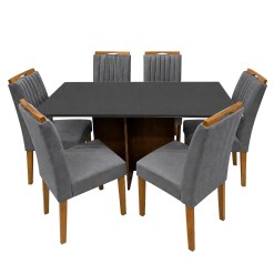 Mesa De Jantar Helo 160x90cm Com Vidro E 6 Cadeiras Marselha Em Veludo Estofadas Poliman Mel Grafite Com Assento Cinza 92524