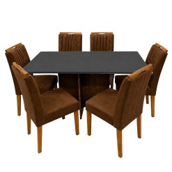 Mesa De Jantar Helo 160x90cm Com Vidro E 6 Cadeiras Marselha Em Veludo Estofadas Poliman Mel Grafite Com Assento Marrom 19775