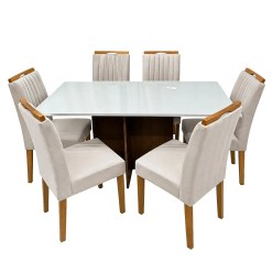 Mesa De Jantar Helo 160x90cm Com Vidro E 6 Cadeiras Marselha Em Veludo Estofadas Poliman Mel Off White Com Assento Bege 69195