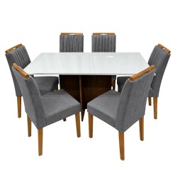 Mesa De Jantar Helo 160x90cm Com Vidro E 6 Cadeiras Marselha Em Veludo Estofadas Poliman Mel Off White Com Assento Cinza 41472