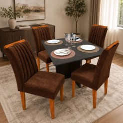 Mesa De Jantar Helo 90x90cm Com Vidro E 4 Cadeiras Marselha Em Veludo Estofadas Poliman 65541