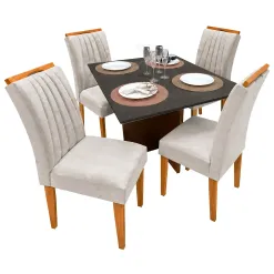 Mesa De Jantar Helo 90x90cm Com Vidro E 4 Cadeiras Marselha Em Veludo Estofadas Poliman Mel Grafite Com Assento Bege 76370