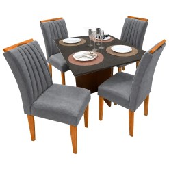 Mesa De Jantar Helo 90x90cm Com Vidro E 4 Cadeiras Marselha Em Veludo Estofadas Poliman Mel Grafite Com Assento Cinza 89168