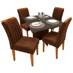 Mesa De Jantar Helo 90x90cm Com Vidro E 4 Cadeiras Marselha Em Veludo Estofadas Poliman Mel Grafite Com Assento Marrom 79187