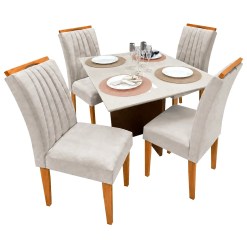 Mesa De Jantar Helo 90x90cm Com Vidro E 4 Cadeiras Marselha Em Veludo Estofadas Poliman Mel Off White Com Assento Bege 71053