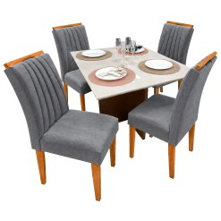 Mesa De Jantar Helo 90x90cm Com Vidro E 4 Cadeiras Marselha Em Veludo Estofadas Poliman Mel Off White Com Assento Cinza 99937