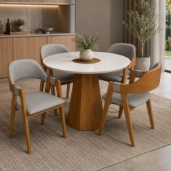 Mesa De Jantar Isis Com Vidro Redonda 100cm E 4 Cadeiras Perola Em Linho Madeira New Ceval 25286