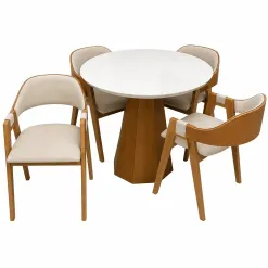 Mesa De Jantar Isis Com Vidro Redonda 100cm E 4 Cadeiras Perola Em Linho Madeira New Ceval Ipe Off White Com Tecido Bege 48878