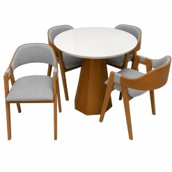 Mesa De Jantar Isis Com Vidro Redonda 100cm E 4 Cadeiras Perola Em Linho Madeira New Ceval Ipe Off White Com Tecido Cinza 71859