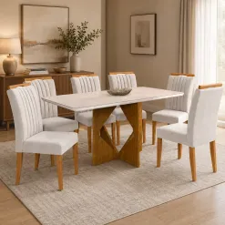 Mesa De Jantar Madrid 160x80cm Com 6 Cadeiras Marselha Em Veludo Estofadas Minas Plac 53885