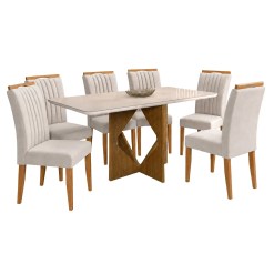 Mesa De Jantar Madrid 160x80cm Com 6 Cadeiras Marselha Em Veludo Estofadas Minas Plac Cinamomo Off White Com Tecido Bege 53368
