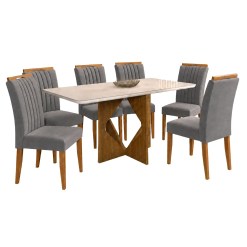 Mesa De Jantar Madrid 160x80cm Com 6 Cadeiras Marselha Em Veludo Estofadas Minas Plac Cinamomo Off White Com Tecido Cinza 14981