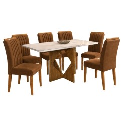 Mesa De Jantar Madrid 160x80cm Com 6 Cadeiras Marselha Em Veludo Estofadas Minas Plac Cinamomo Off White Com Tecido Marrom 64034