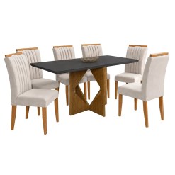 Mesa De Jantar Madrid 160x80cm Com 6 Cadeiras Marselha Em Veludo Estofadas Minas Plac Cinamomo Preto Com Tecido Bege 68077