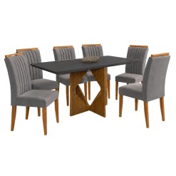 Mesa De Jantar Madrid 160x80cm Com 6 Cadeiras Marselha Em Veludo Estofadas Minas Plac Cinamomo Preto Com Tecido Cinza 82019