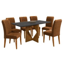 Mesa De Jantar Madrid 160x80cm Com 6 Cadeiras Marselha Em Veludo Estofadas Minas Plac Cinamomo Preto Com Tecido Marrom 22894