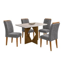 Mesa De Jantar Madrid 90x90cm Com 4 Cadeiras Marselha Em Veludo Estofadas Minas Plac Cinamomo Off White Com Tecido Cinza 84274