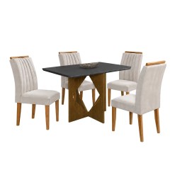 Mesa De Jantar Madrid 90x90cm Com 4 Cadeiras Marselha Em Veludo Estofadas Minas Plac Cinamomo Preto Com Tecido Bege 97483