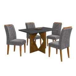 Mesa De Jantar Madrid 90x90cm Com 4 Cadeiras Marselha Em Veludo Estofadas Minas Plac Cinamomo Preto Com Tecido Cinza 96138