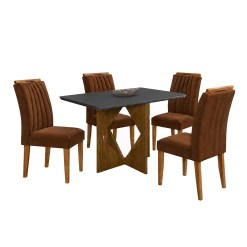 Mesa De Jantar Madrid 90x90cm Com 4 Cadeiras Marselha Em Veludo Estofadas Minas Plac Cinamomo Preto Com Tecido Marrom 13010