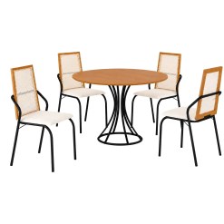 Mesa De Jantar Onix Redonda 90cm Com 4 Cadeiras Lorena Em Courino Aco Tubo Minas Preto Proa Com Tecido Bege 91197