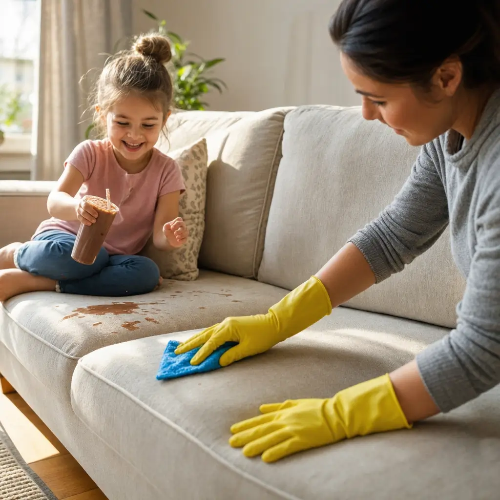 Tecido de sofá para criança fácil de limpar: o melhor, mãe limpando sofá com pano ao lado de criança sorrindo com suco