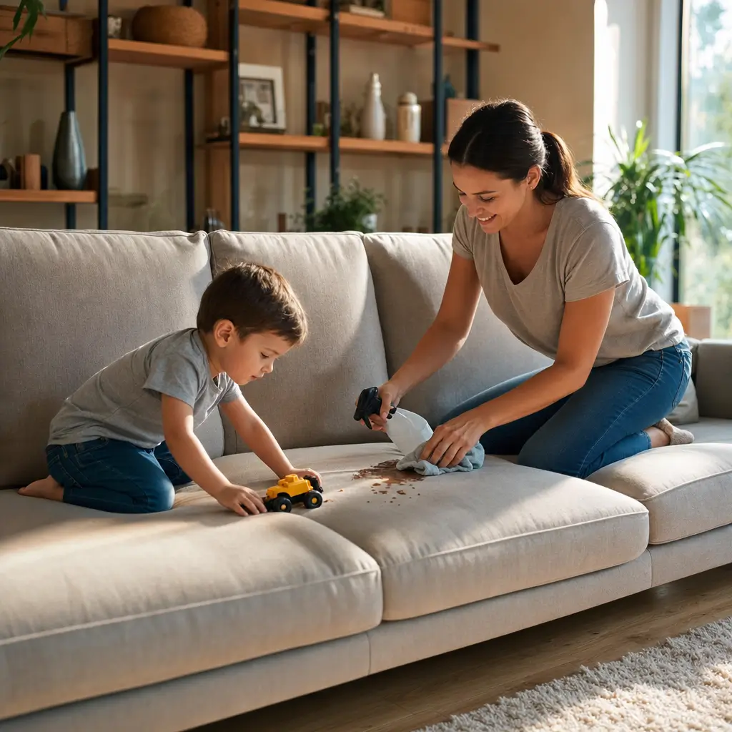 Tecido de sofá para criança fácil de limpar: o melhor, mãe limpando sofá com pano e criança brincando