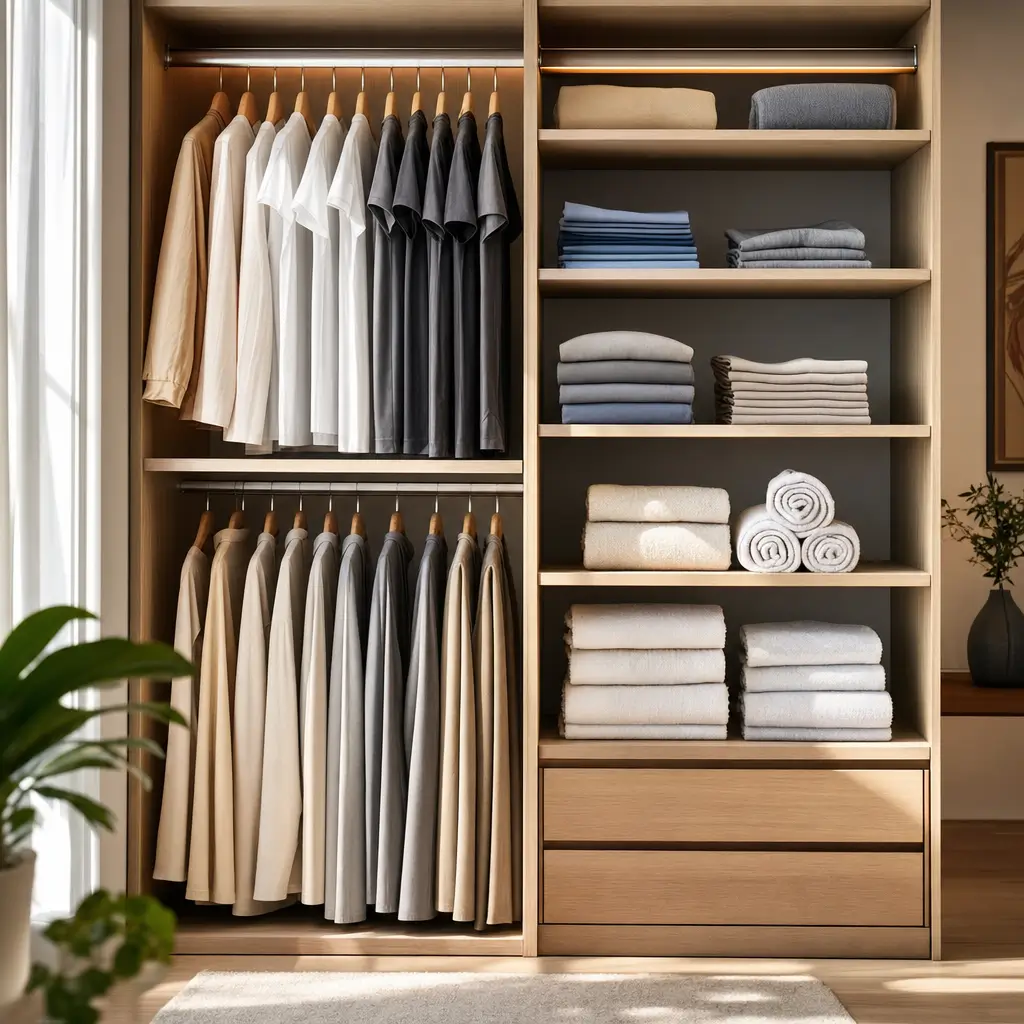 Altura das prateleiras do guarda-roupa: medidas ideais, armário aberto com roupas e toalhas
