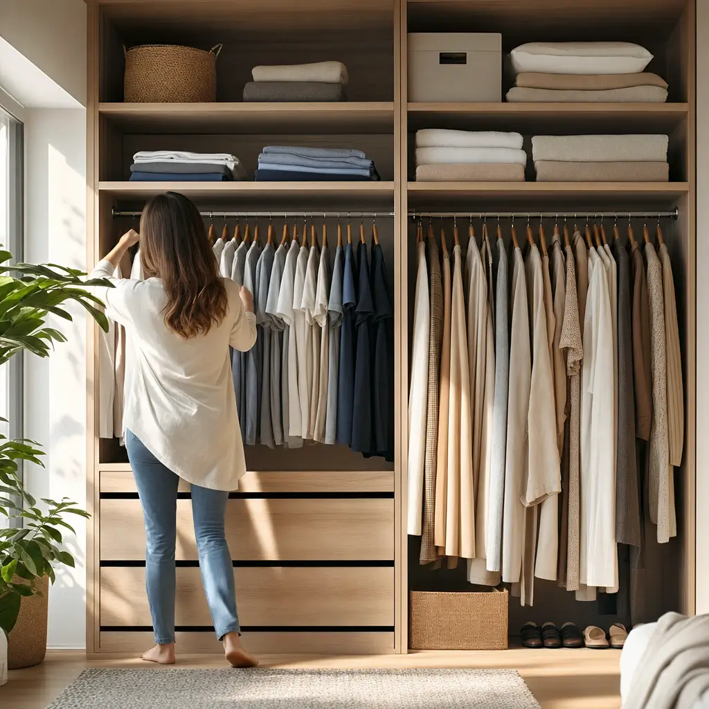 Altura das prateleiras do guarda-roupa: medidas ideais, guarda-roupa aberto com roupas e toalhas