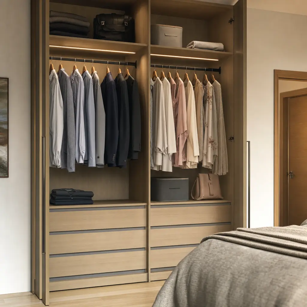 Altura ideal do cabideiro e das gavetas no guarda-roupa armário aberto com cabideiro e gavetas