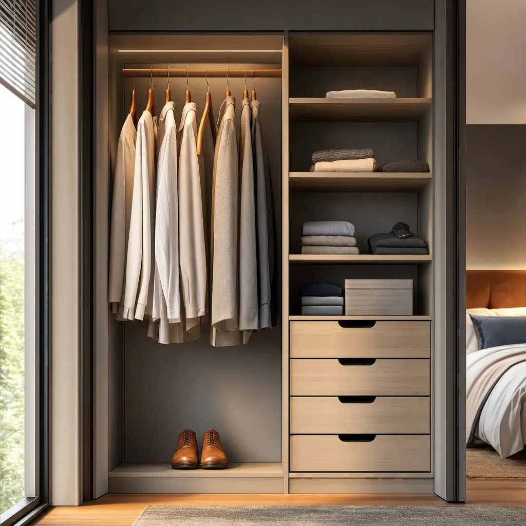 Altura ideal do cabideiro e das gavetas no guarda-roupa, cabides e gavetas em armário fechado